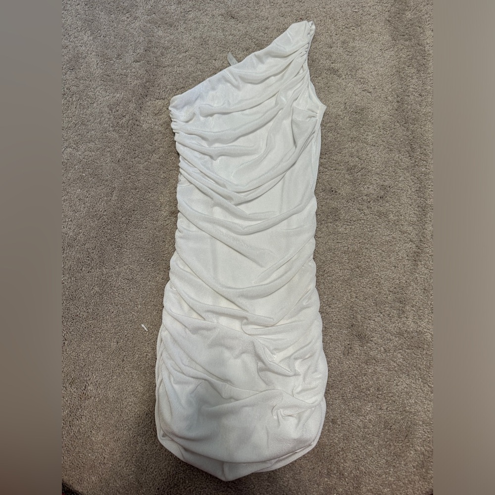 One shoulder rushed white cocktail dress.